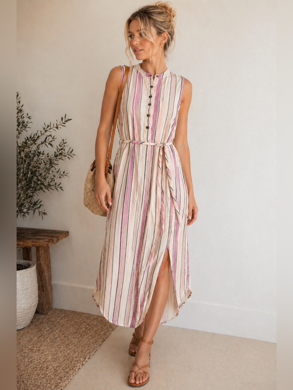 Splendid Striped Sleeveless Midi Dress Belted XS